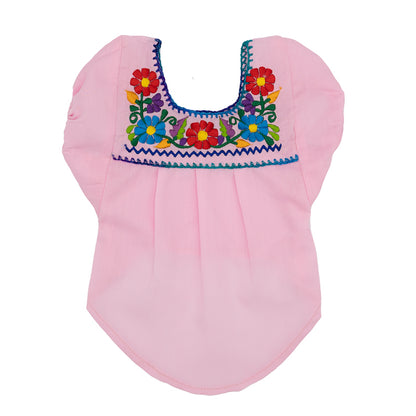 Embroidered baby pink dog blouse, featuring intricate designs for a touch of elegance in your pet's wardrobe.