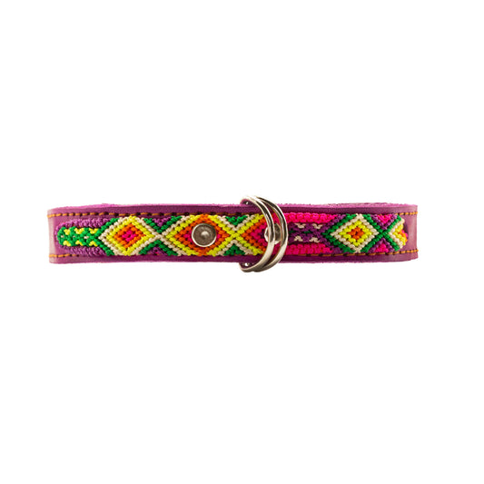 Exquisite pet collar showcasing vibrant handwoven silk thread motifs