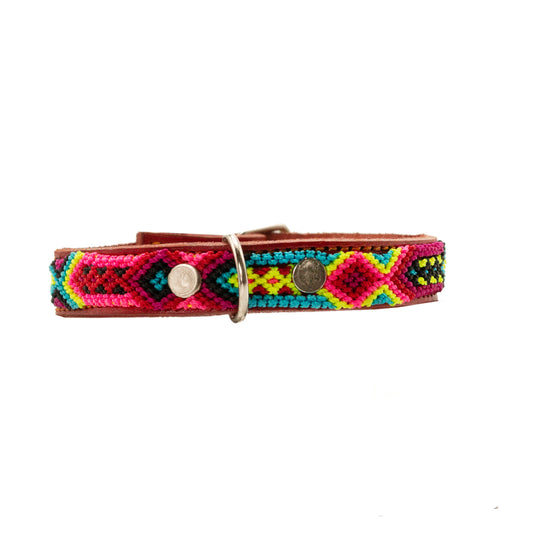 Colorful handwoven silk thread design adorning a leather pet collar