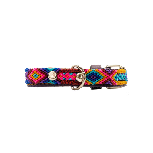 Artisanal leather collar featuring vibrant handwoven patterns