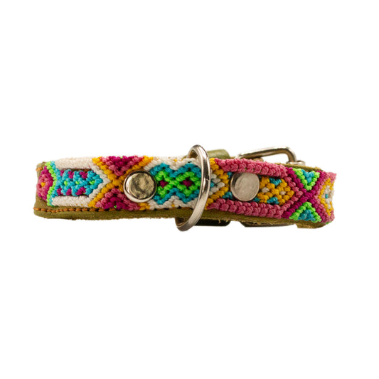 Mexican-inspired artisan pet collar crafted with leather and silk thread