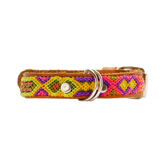 Chic leather pet collar adorned with colorful silk thread weaving