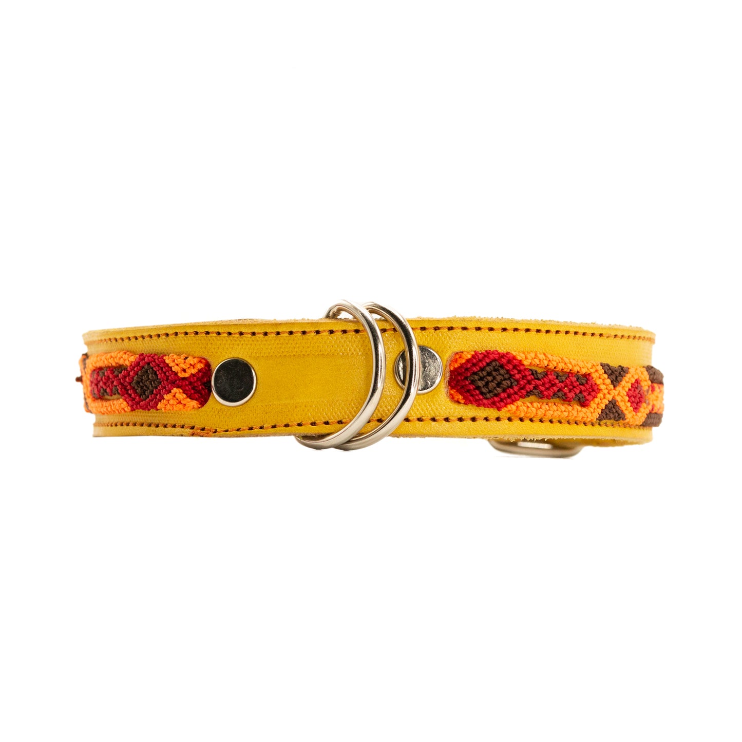 Vibrant silk thread patterns accentuating a handmade leather pet collar