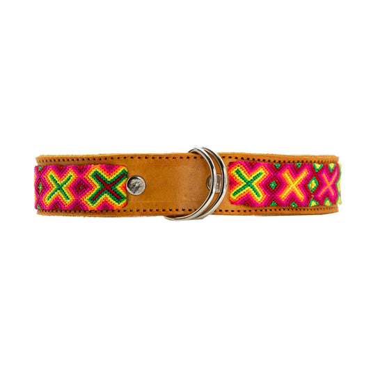 Vibrant silk thread detailing adds a pop of color to this pet collar