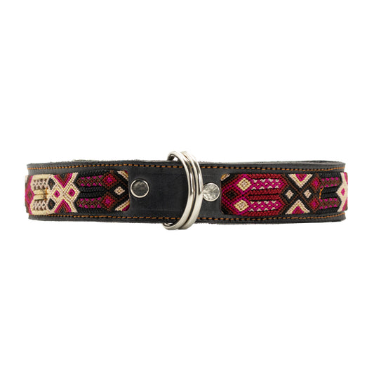 Handwoven silk thread patterns on a premium leather pet collar