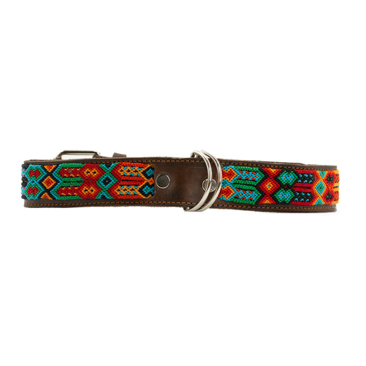 Bespoke leather collar adorned with handwoven silk thread motifs