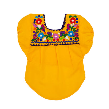Embroidered yellow dog blouse, featuring intricate designs for a touch of elegance in your pet's wardrobe.