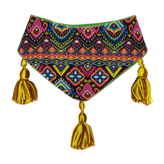 Bright and bold dog bandana, adding flair to your pet's look.