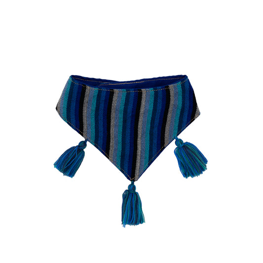 Whimsical dog bandana, a playful mix of blues and patterns.