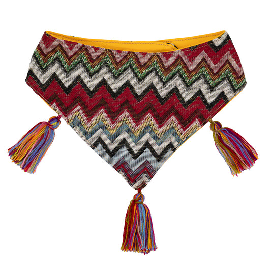 Vibrant, multicolored dog bandana featuring an array of hues and patterns