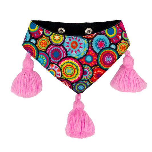 Vivid dog bandana featuring a spectrum of hues and lively design.