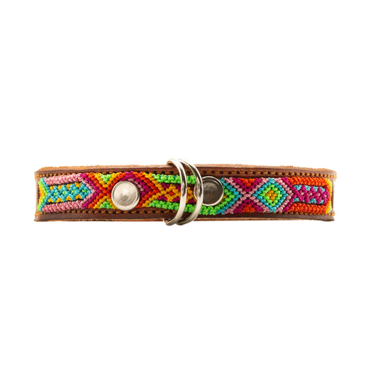 Handcrafted leather collar adorned with intricate artisanal weaving