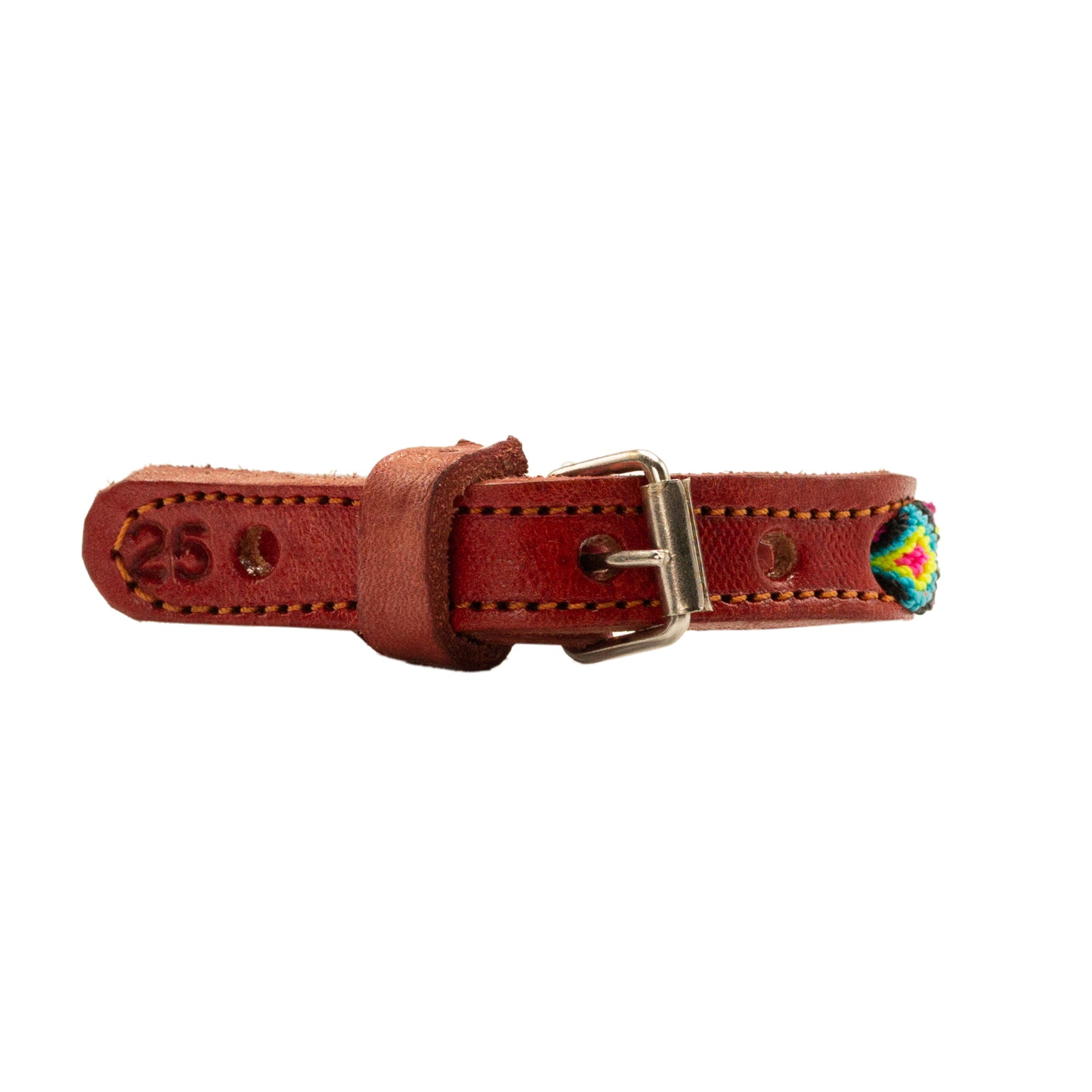 Colorful handwoven silk thread design adorning a leather pet collar